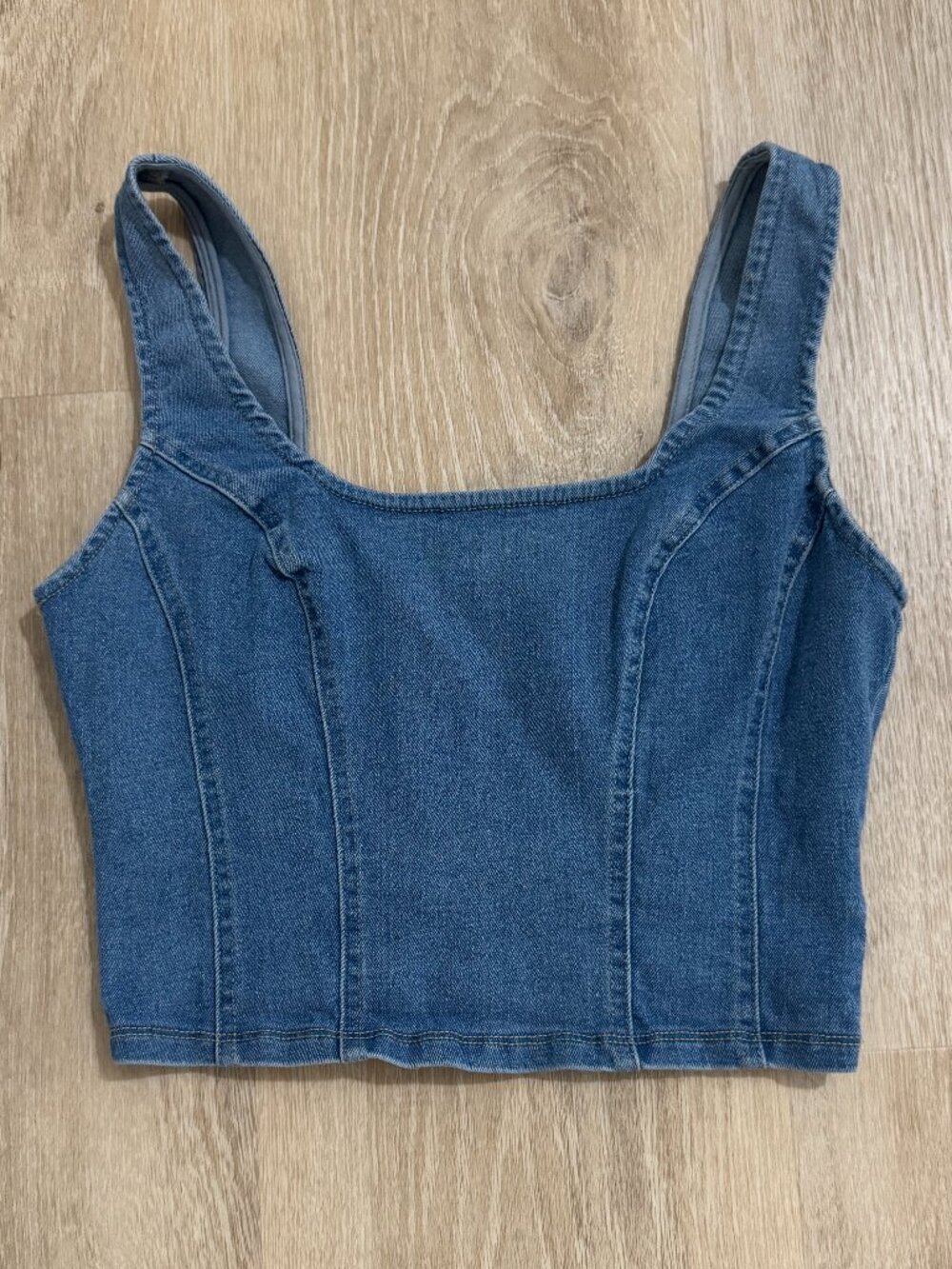Altar'd State Denim Corset Crop Top Smocked Back Blue Size S